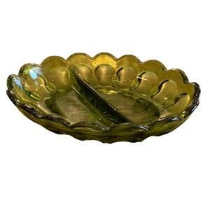 Anchor Hocking Fairfield Green Glass Relish Divided Dish Platter Alvacado Vtg